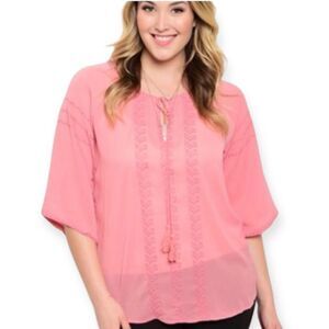 Boho Pink Tassel Tie Neck Short Sleeve Embroidery Lightweight Peasant Top NEW